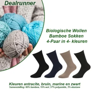 Biologische Wollen Bamboe Sokken 4-Paar in 4-Kleuren