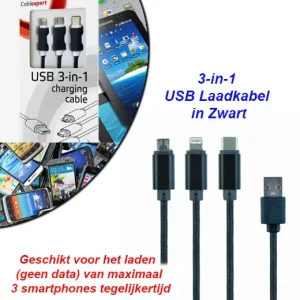 3-in-1 USB Laadkabel in Zwart