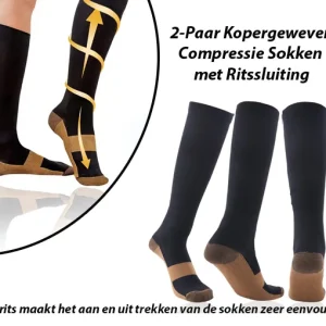 2-Paar Kopergeweven Compressie Sokken met Ritssluiting in Zwart kleur