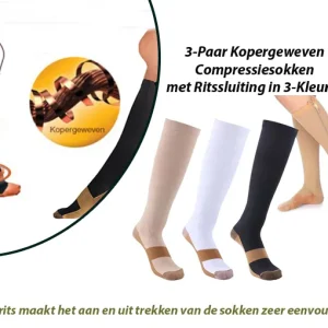 3-Paar Kopergeweven Compressiesokken met Ritssluiting in 3-Kleuren