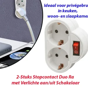 2-Stuks Stopcontact Duo Ra met Verlichte aan/uit Schakelaar