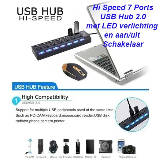 Hi Speed 7 Ports USB Hub met LED verlichting en aan/uit Schakelaar - Afbeelding 3