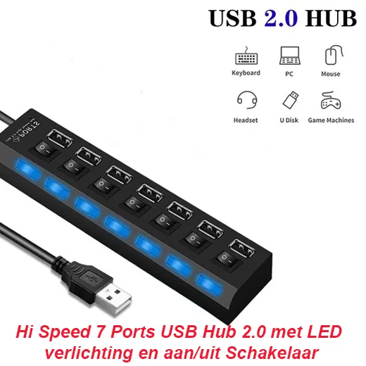 Hi Speed 7 Ports USB Hub met LED verlichting en aan/uit Schakelaar - Afbeelding 4