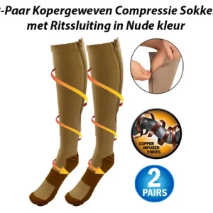 2-Paar Kopergeweven Compressie Sokken met Ritssluiting in Nude kleur