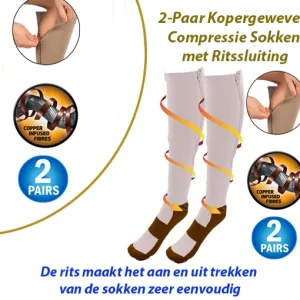 2-Paar Kopergeweven Compressie Sokken met Ritssluiting in Wit kleur