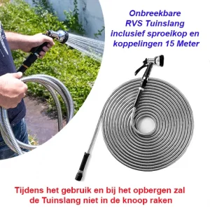 Onbreekbare RVS Tuinslang inclusief sproeikop en koppelingen 15 Meter