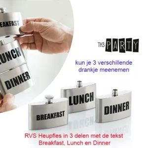 RVS Heupfles in 3 delen met de tekst Breakfast, Lunch en Dinner