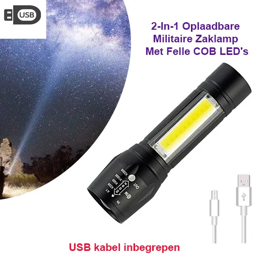 2-In-1 USB Oplaadbare Militaire Zaklamp Met Felle COB LED’s LI-ION 5W - Afbeelding 2