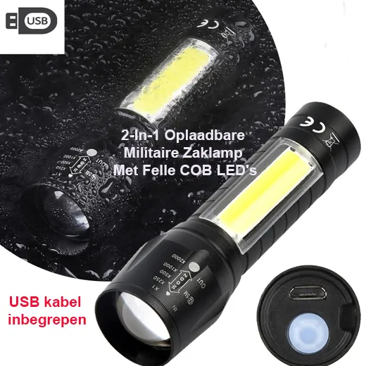 2-In-1 USB Oplaadbare Militaire Zaklamp Met Felle COB LED’s LI-ION 5W - Afbeelding 4
