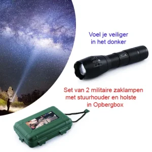 2-Stuks militaire zaklampen met stuurhouder en holste in Opbergbox