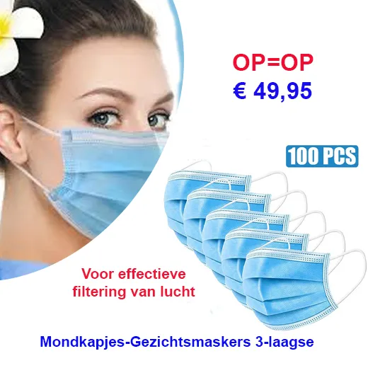 100 stuks Mondkapjes 3-laagse OP=OP € 49,95