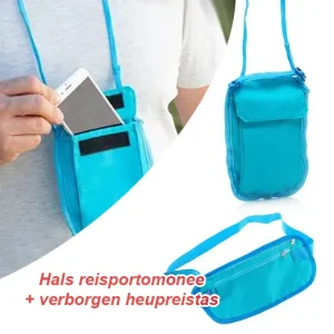 2 tasjes – Hals reisportomonee en verborgen heupreistas ideaal voor op reis