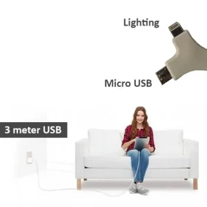 2 in 1 USB stoffen oplaadkabel van 3 meter (Samsung & iPhone)