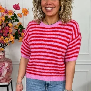 Knitted Short Sleeve Striped Sweater - Red/Pink