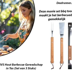 RVS Hout Barbecue Gereedschap in Tas (Set van 3 Stuks)
