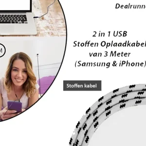 2 in 1 USB Stoffen Oplaadkabel van 3 Meter (Samsung & iPhone)