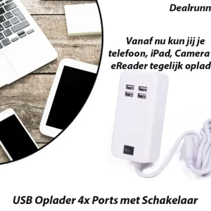 USB Oplader 4x Ports met Schakelaar