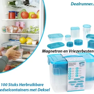 100 Stuks Herbruikbare Voedselcontainers met Deksel voor Magnetron en Vriezerbestendig
