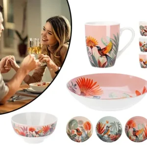 6-Delige Porselein Set met Kleurrijk Dessin van een Kolibrie