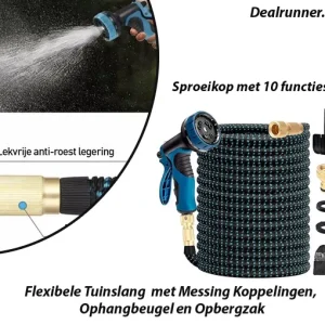 30 Meter Flexibele Tuinslang  met Messing Koppelingen, Ophangbeugel en Opbergzak