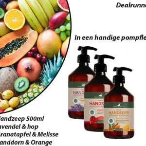 3 Flessen Handzeep 500 ml – Lavendel & Hop, Granaatappel & Melissa en Zanddoorn & Sinaasappel