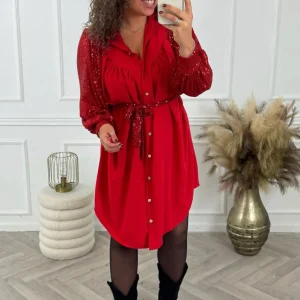 Curvy Sequin Sleeves Dress - Red