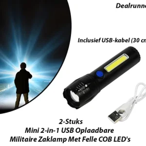 2-Stuks Mini 2-in-1 USB Oplaadbare Militaire Zaklamp Met Felle COB LED’s