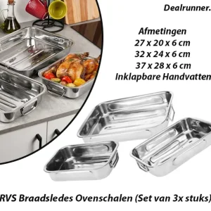 RVS Braadsledes Ovenschalen met Inklapbare Handvatten (Set van 3x stuks)