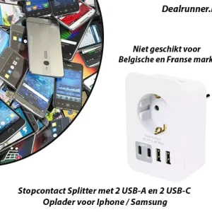 Stopcontact Splitter met 2 USB-A en 2 USB-C Oplader voor Iphone en Samsung