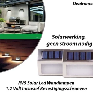 2-Delige RVS Solar Led Wandlampen 1.2 Volt Inclusief Bevestigingsschroeven
