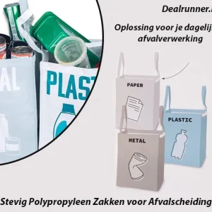3 Stuks Stevig Polypropyleen Zakken voor Afvalscheiding Papier, Plastic en Metaal met Klittenband