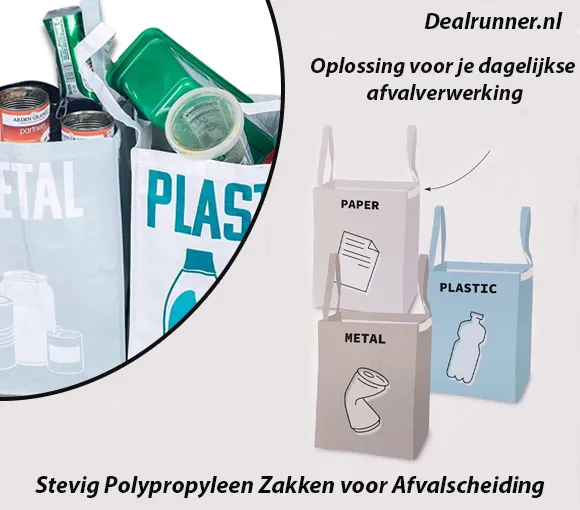 3 Stuks Stevig Polypropyleen Zakken voor Afvalscheiding Papier, Plastic en Metaal met Klittenband
